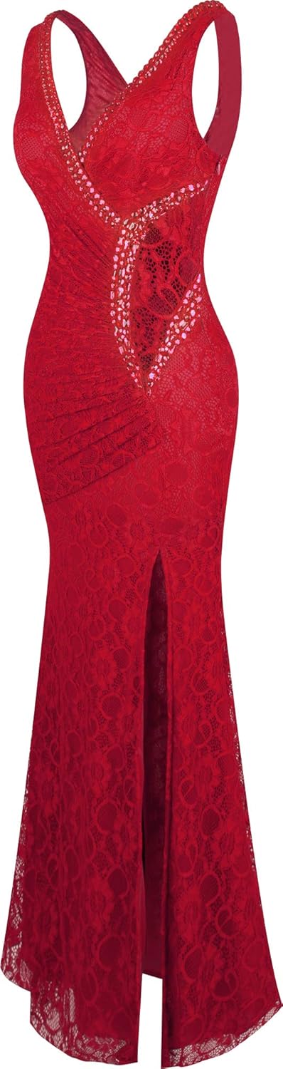 Angel-fashions Damen V-Ausschnitt Spitze Teilt Gekräuselt Bördeln Mantel Hochzeitskleid, Rot