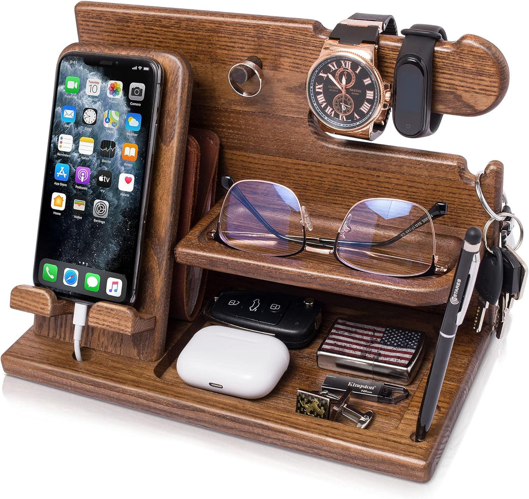 TESLYAR Holz Telefon Dockingstation & Schreibtisch Organizer Holz mit Handyständer Beige für Büro Au