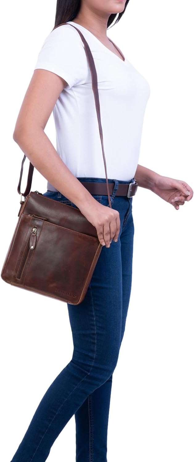 STILORD 'Brady' Messenger Bag Leder Braun klein Umhängetasche Schultertasche für iPad 10,1 Zoll Tabl
