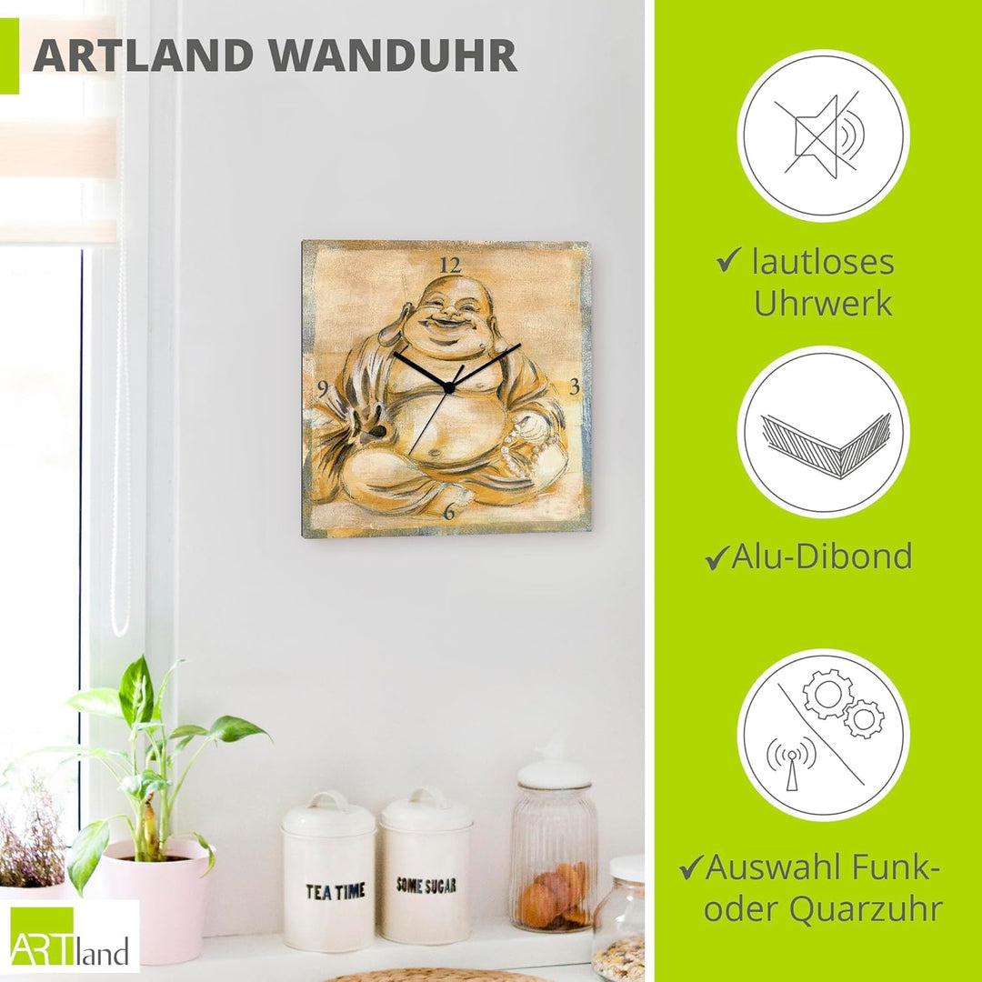 ARTLAND Wanduhr ohne Tickgeräusche Leinwand Funkuhr 30x30 cm Quadratisch Lautlos Buddha Asien Buddhi