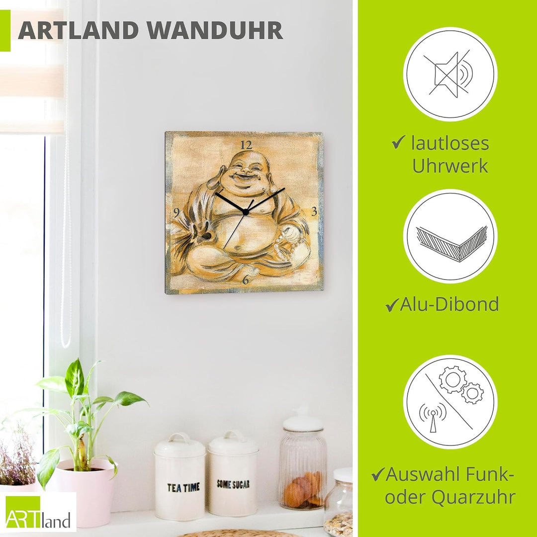 ARTLAND Wanduhr ohne Tickgeräusche Leinwand Quarzuhr 30x30 cm Quadratisch Lautlos Buddha Asien Buddh