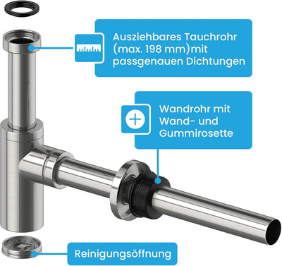 Premium Design SiphonUniversal für Waschbecken & Waschtisch [Edelstahl gebürstet] Premium Design Sip