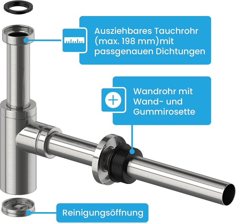 Premium Design SiphonUniversal für Waschbecken & Waschtisch [Edelstahl gebürstet] Premium Design Sip