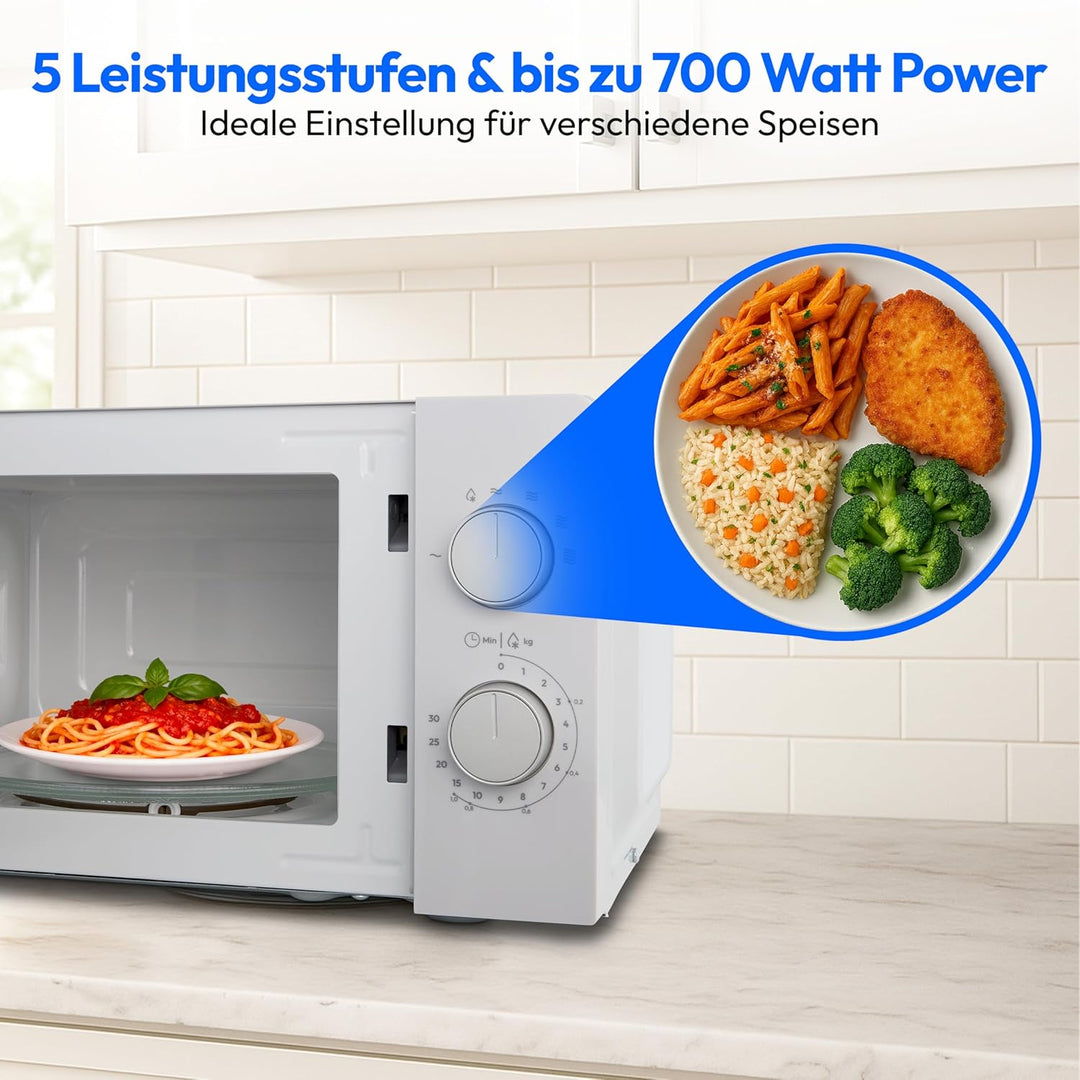 MEDION Mikrowelle klein (20 Liter, 700 Watt kompakt und platzsparend, 5 Mikrowellenstufen, Auftaufun