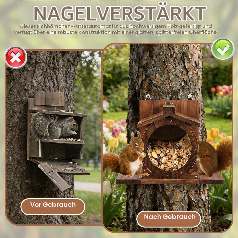 NAVESO Eichhörnchen Futterhaus, Eichhörnchen Haus Wetterfest,Eichhörnchenhaus aus Holz mit Runden Tr