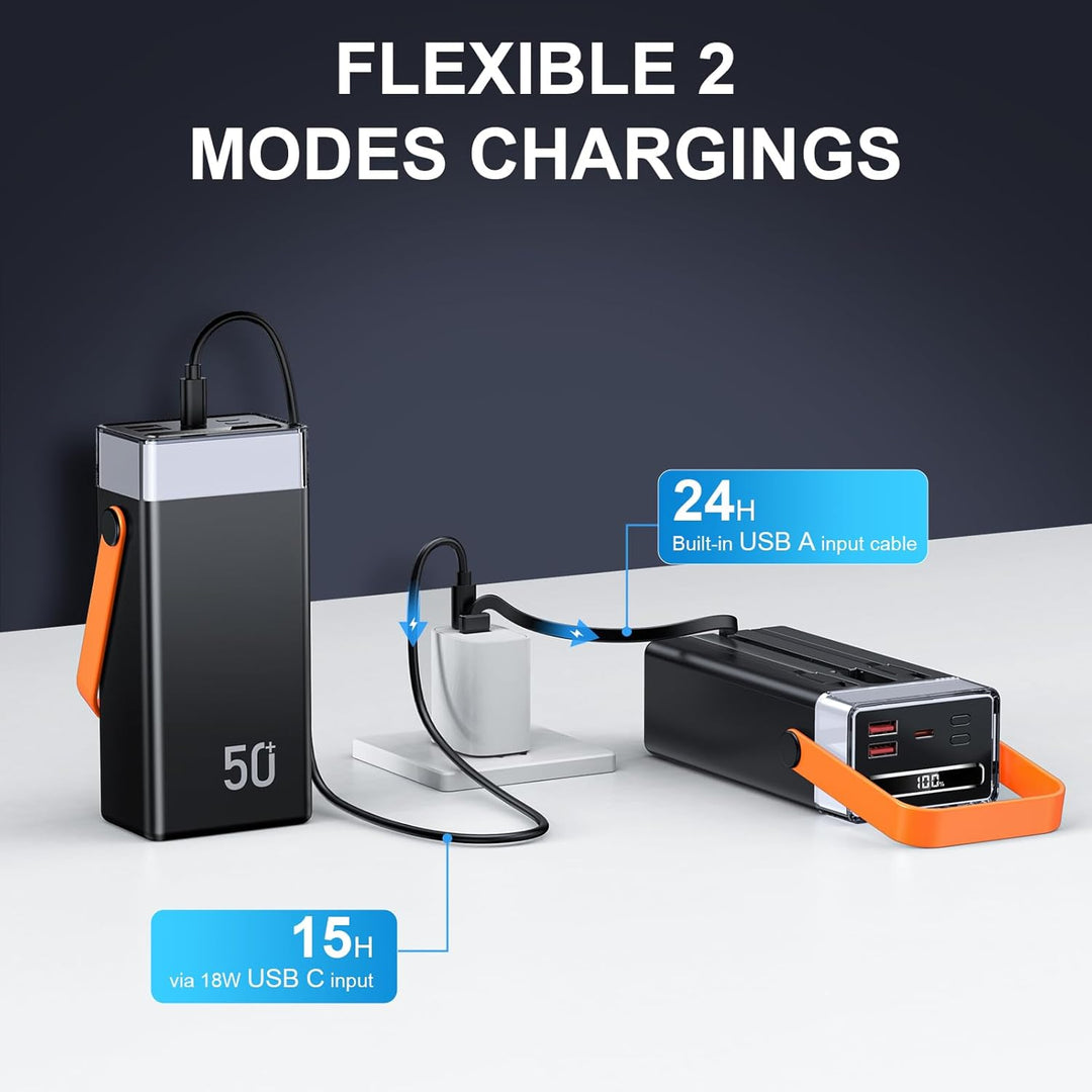 Powerbank 50000mAh mit Kabel, 22,5W PD USB-C Schnellladegerät, Externer Akku mit 3 integrierten Kabe
