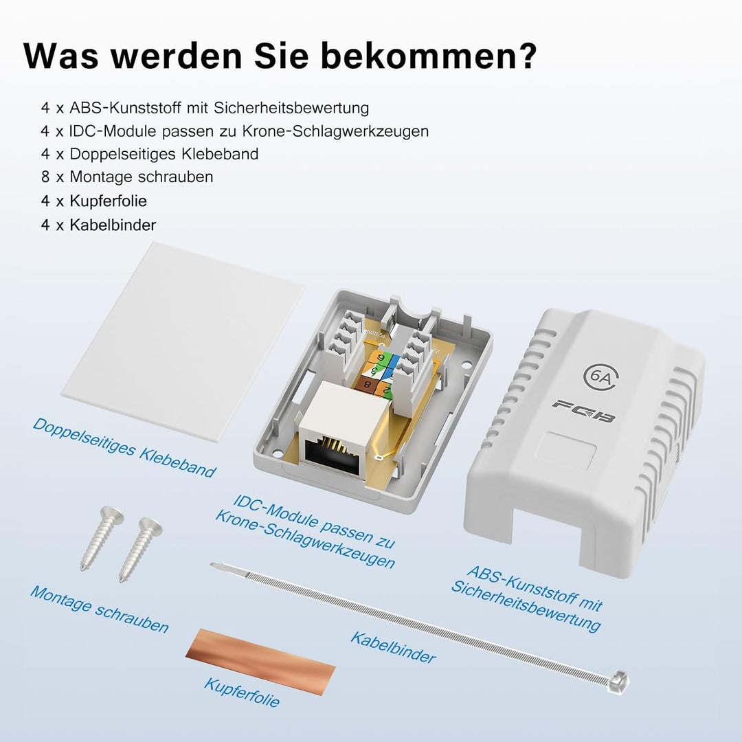 FGB 4X Cat6A Netzwerkdose Aufputz 1 Port FTP Geschirmt LAN Dose Weiss | Netzwerkdose Aufputz Cat7 RJ