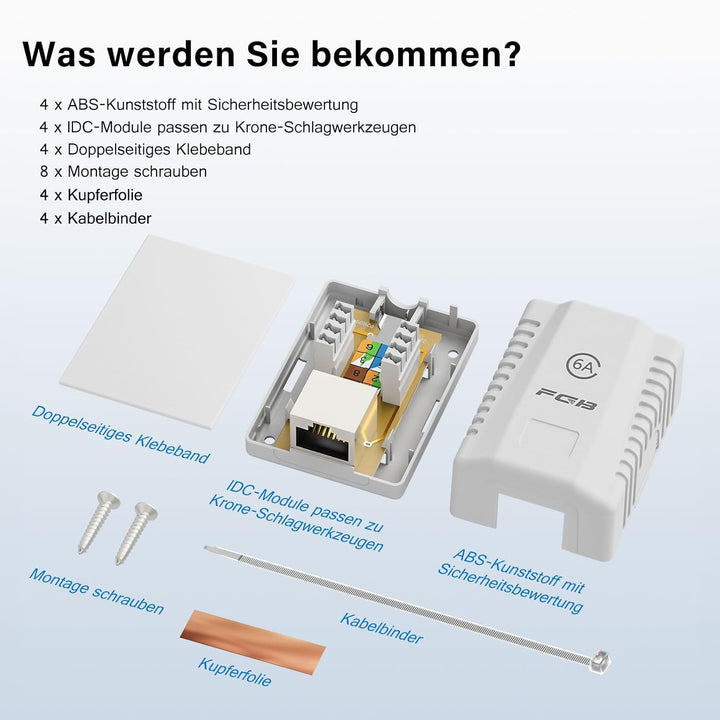 FGB 4X Cat6A Netzwerkdose Aufputz 1 Port FTP Geschirmt LAN Dose Weiss | Netzwerkdose Aufputz Cat7 RJ