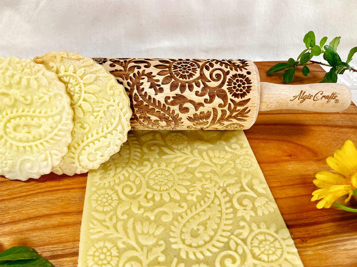 Blumen 3-er Set Kinder Nudelhölzer für hausgemachtes Gebäck. Teigrolle mit Mohn, Paisley, Blume, Flu