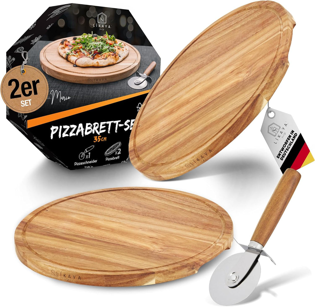 LIKAYA® Pizzabrett/Pizzateller 'MARIO' 2er Set rund mit Pizzaschneider [⌀35cm gross] aus FSC®-zertif