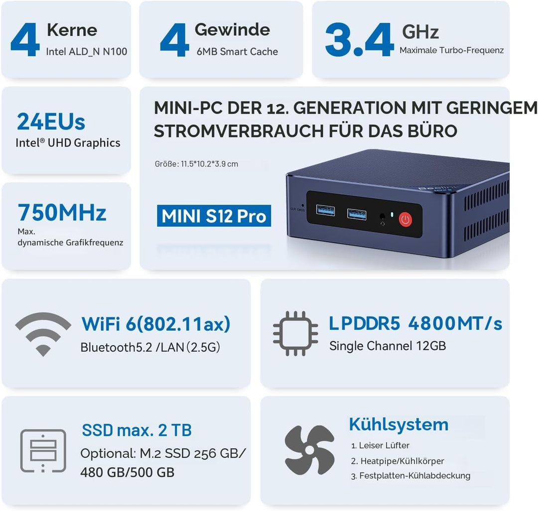 Beelink Mini PC, EQ12 Intel 12th Gen N100(bis zu 3.4GHz) 4C/4T, Mini Computer 16GB DDR5 RAM 500GB SS
