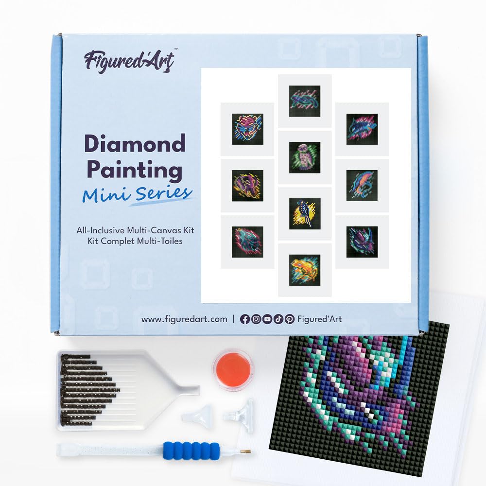 Figured'Art Mini Serie Diamond Painting Erwachsene - Tiere - Premium-Box mit 12 Stück 15x15 cm 5D Bi