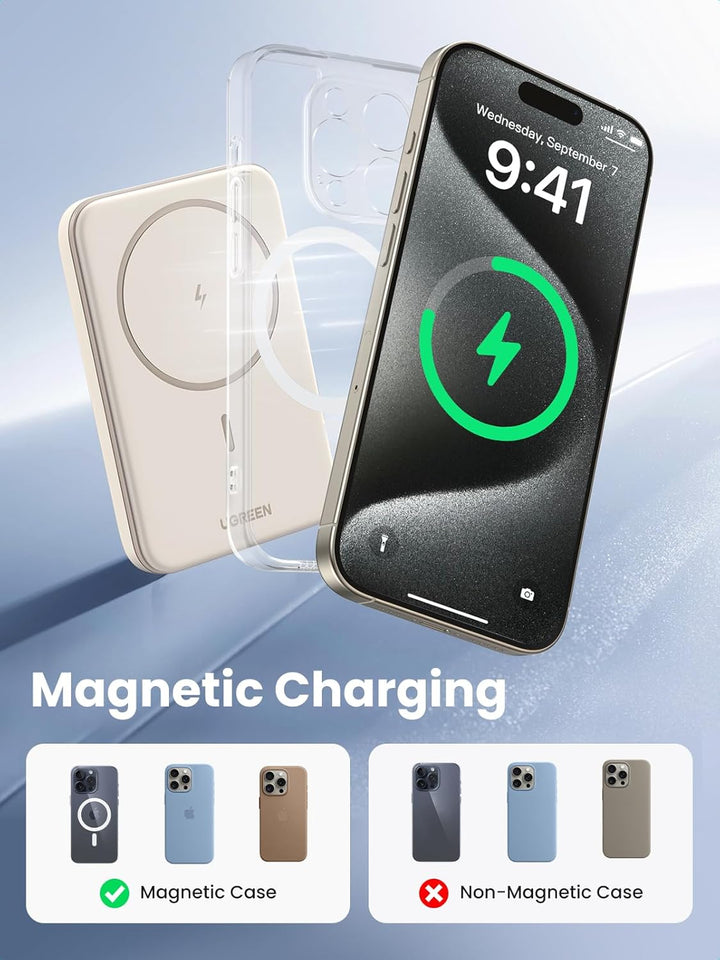 UGREEN Nexode Wireless Powerbank 5000mAh Magnetische Power Bank mit USB-C Schnellladefunktion, Kabel