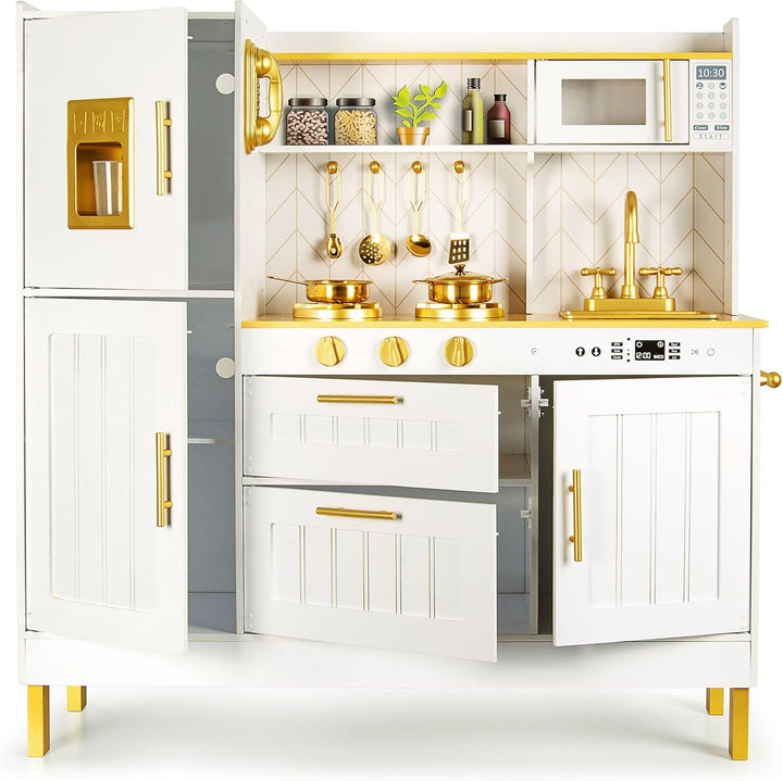 Leomark Kinderküche aus Holz Grosse Gold Spielküche Holzküche mit Zubehör Spielzeugküche für Kinder