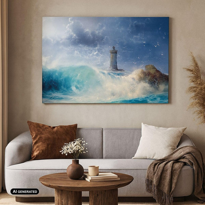 Bilder auf Leinwand 100x70cm Leinwandbild mit Rahmen Leuchtturm Meer Gross Wanddeko Bild Schlafzimme