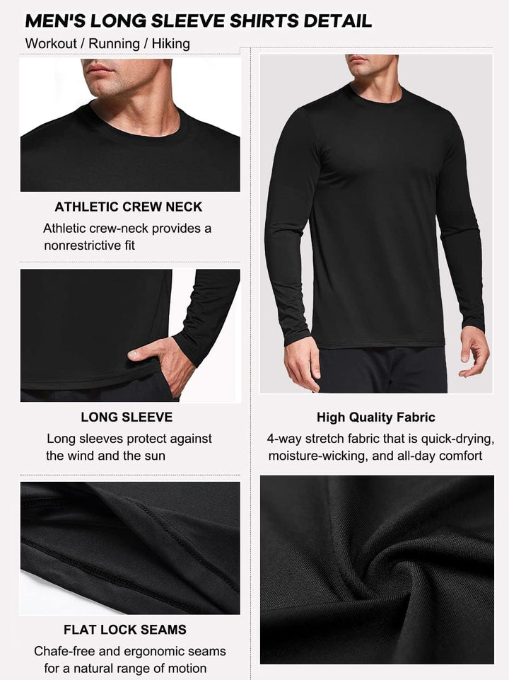 Herren 3er Pack Langarmshirt T-Shirts, UPF 50+ UV Schutz Schnelltrocknend Funktionsshirt Laufshirts,
