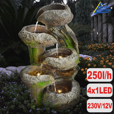 GARTENBRUNNEN BRUNNEN BAUMSTUMPF & STEINSCHALEN mit LED-Licht 230V ZIERBRUNNEN VOGELBAD Wasserfall G