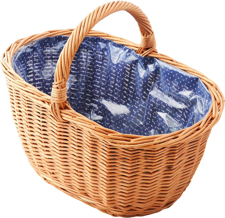 Grosser Einkaufskorb / Autokorb aus Weide mit Henkel und Stoffeinlege in Blau mit punkten oval Typ