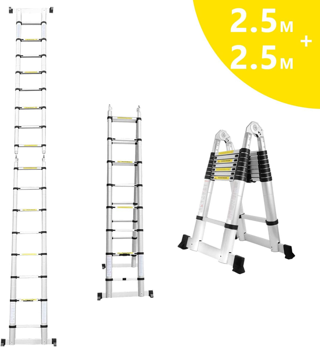 Eulenke 5M (2,5+2,5M) Teleskopleiter - Rutschfester Multifunktionsleiter 150 kg Belastbarkeit - Alul