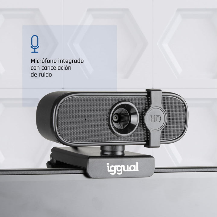 iggual – Full HD 1080p Webcam mit integriertem Mikrofon, USB-PC-Kamera mit Objektivabdeckung und Fle