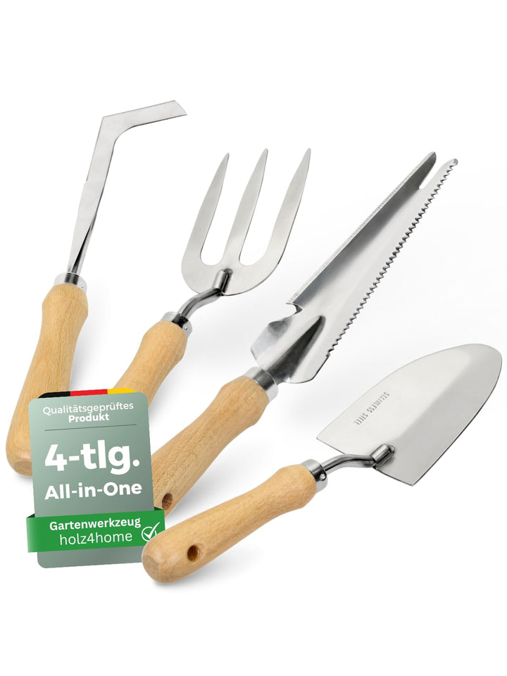 holz4home® Gartenwerkzeug Set 4-TLG. I Edelstahl & Eschenholz I Handschaufel, Unkrautstecher, Fugenk