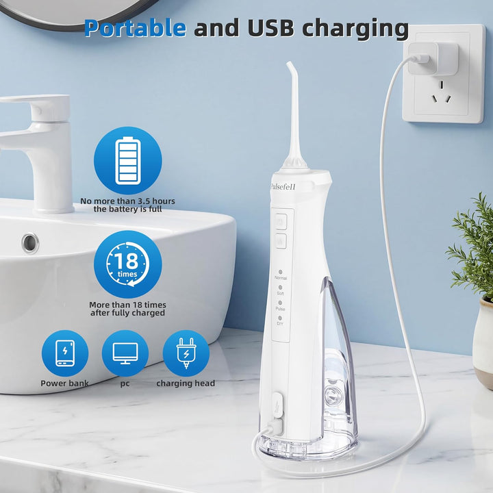 Oral Irrigator Professionell Kabellos, 300 ML Wiederaufladbare Wasserzahnreiniger mit 4 Düsen und 4