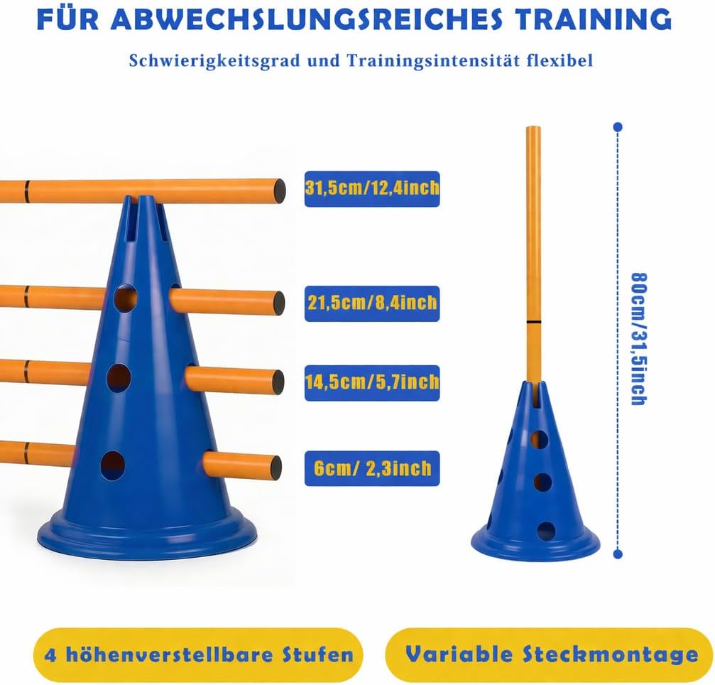 Cavaletti Stangen Hund Agility Set Hunde Klein Gross 30 cm Hoch, Sports Steckhürdenset mit 8 Kegel 1