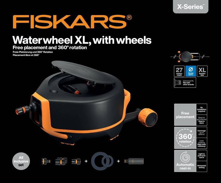 Fiskars Waterwheel XL mit Rädern, All-Inclusive-Bewässerungs-Set, 27 m Gesamtreichweite, Automatisch
