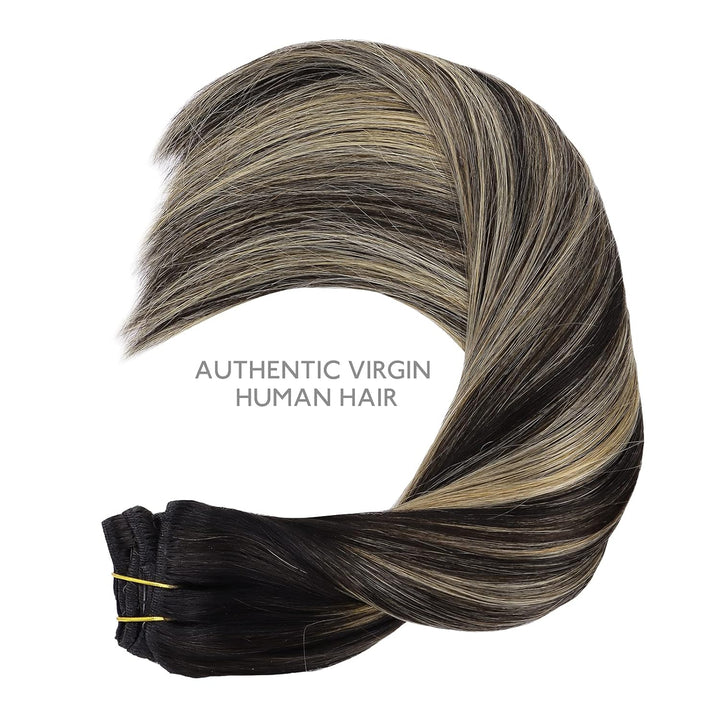 WENNALIFE Clip In Extensions Echthaar, 150g 35cm 9pcs Balayage Natürliches Schwarz bis Hellblond Cli