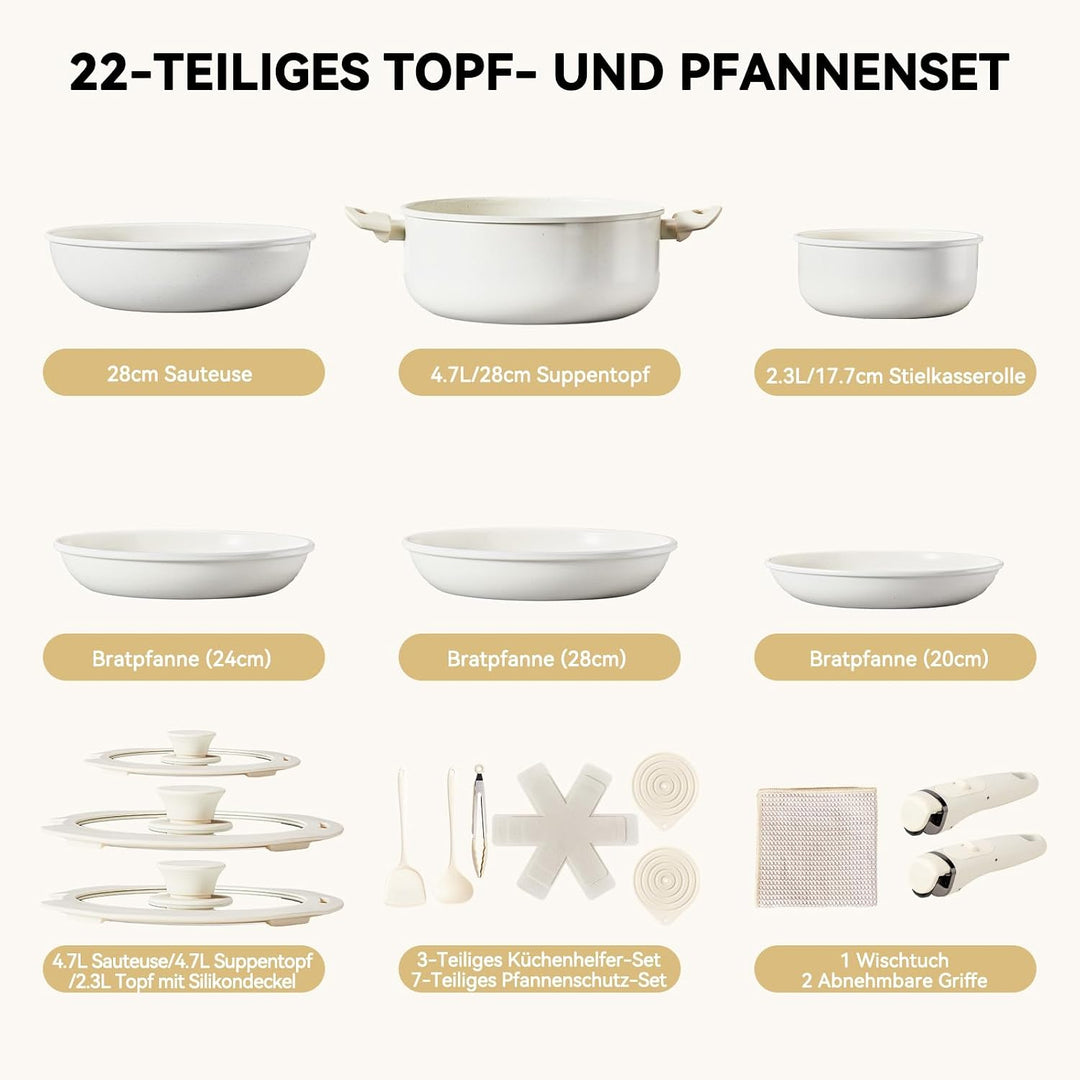 LEADZM Keramik Topfset Induktion，Pfannenset，Kochtopf Set mit Deckel，Induktions Töpfe Set，22-Teilig，A