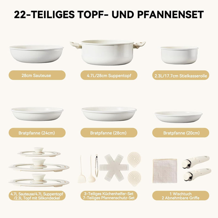 LEADZM Keramik Topfset Induktion，Pfannenset，Kochtopf Set mit Deckel，Induktions Töpfe Set，22-Teilig，A