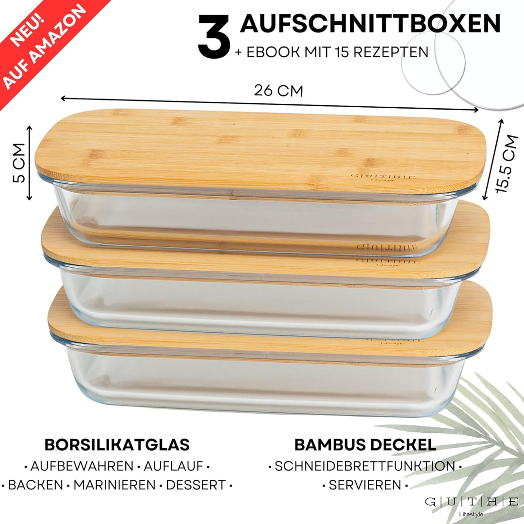 GUTHE Lifestyle 3er Set Aufschnittboxen für Kühlschrank glas, stapelbare Frischhaltedosen mit Holzde