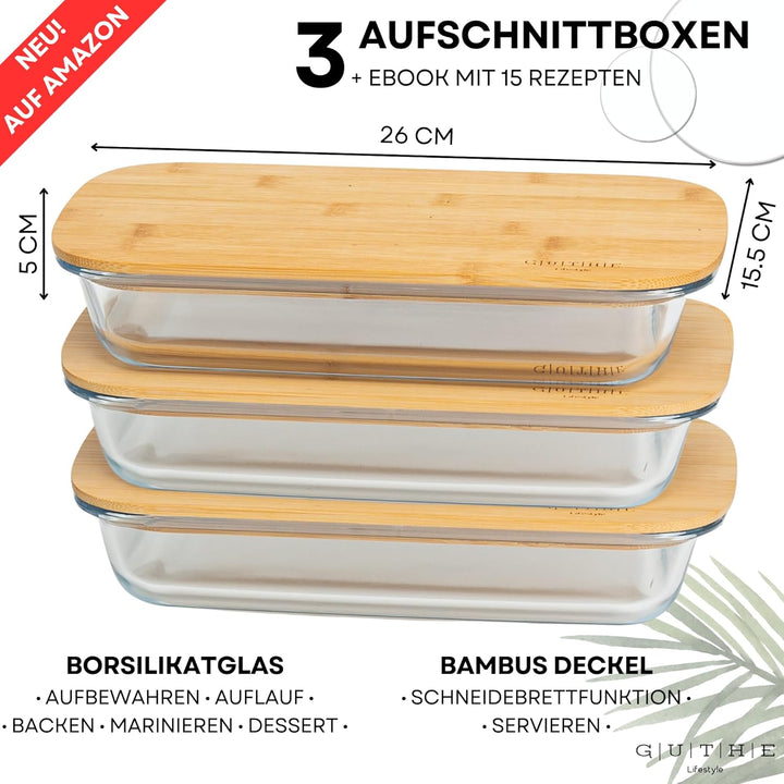 GUTHE Lifestyle 3er Set Aufschnittboxen für Kühlschrank glas, stapelbare Frischhaltedosen mit Holzde