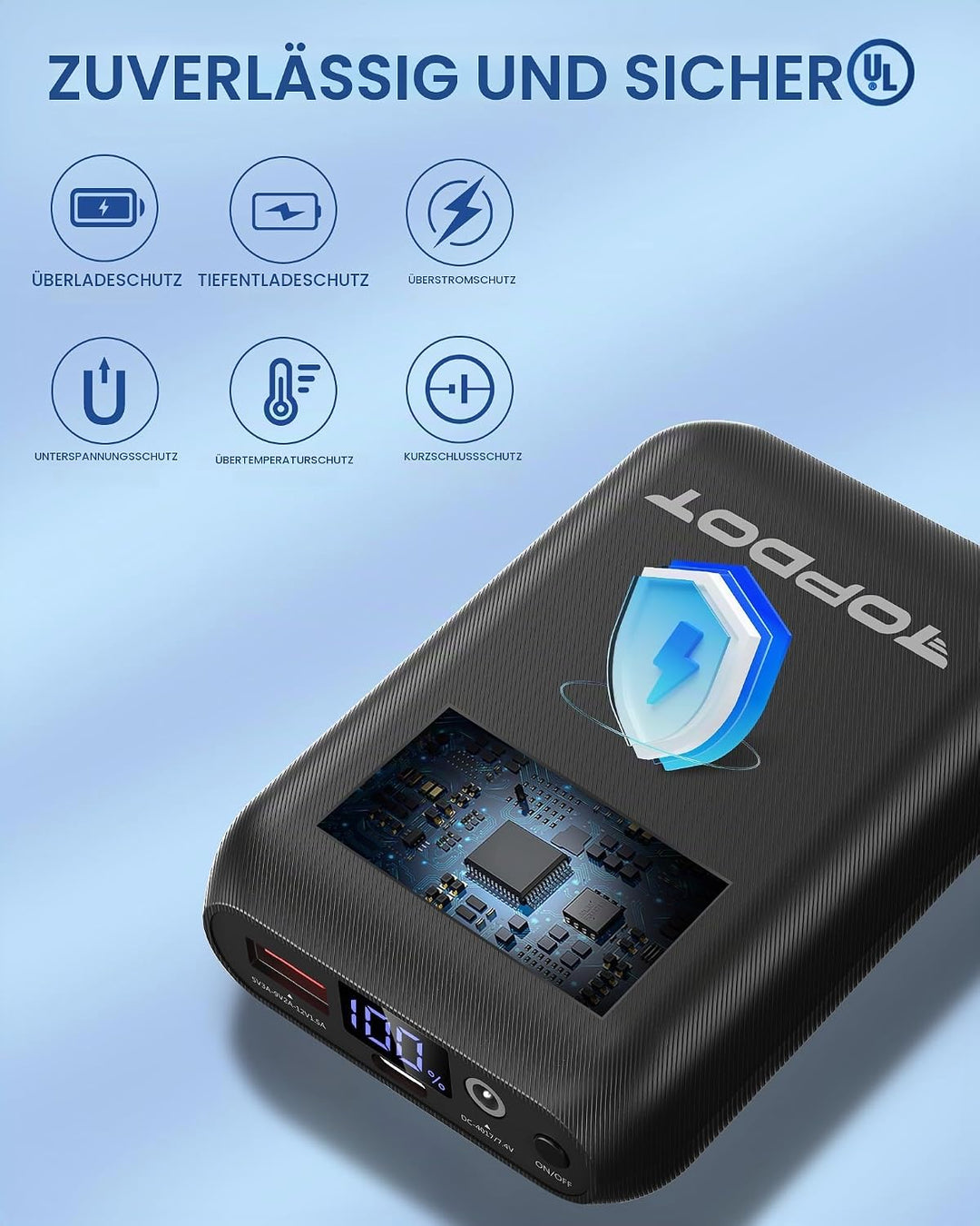 Topdot 16000mAh Powerbank für Heizweste, Beheizbarer Westen-Akkupack, DC- und USB-Ausgangsanschlüsse