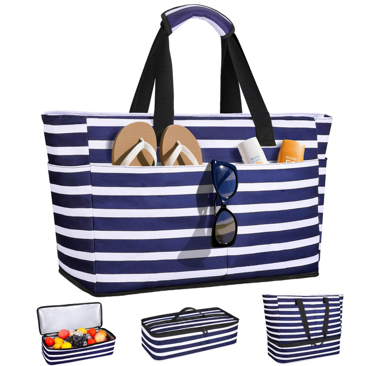 ISEYOU Strandtasche XXL Familie mit Kühltasche, Gross Strandtasche mit Reissverschluss Wasserdicht S