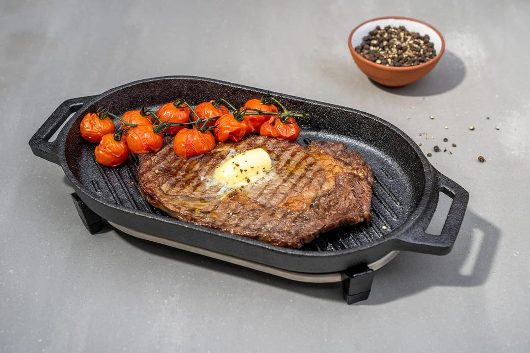 Ooni Grizzler Pfanne aus Gusseisen, Grill-Bratpfanne, 31 cm x 16 cm, Grillplatte mit abnehmbarem Gri