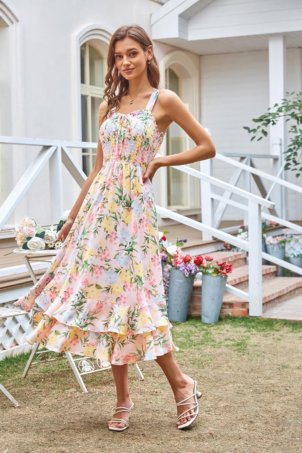 GRACE KARIN Damen langes Blumenkleid Ärmellos Spaghettiträger Freizeitkleid Böhmisch Maxikleid Stran