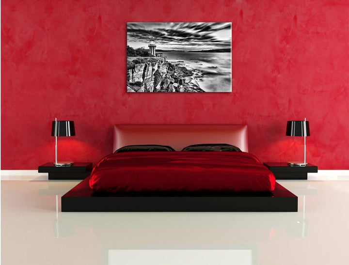 Monocrome, Leuchtturm, Format: 100x70 auf Leinwand, XXL riesige Bilder fertig gerahmt mit Keilrahmen