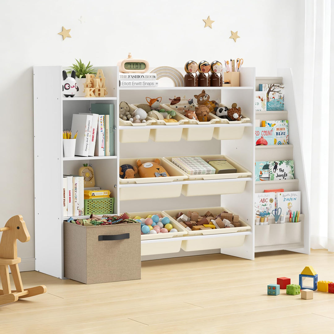 Kinderregal mit Boxen, Spielzeugregal Kinderzimmer mit 4 Ablagen, Fächern und 8 Behältern, Bücherreg