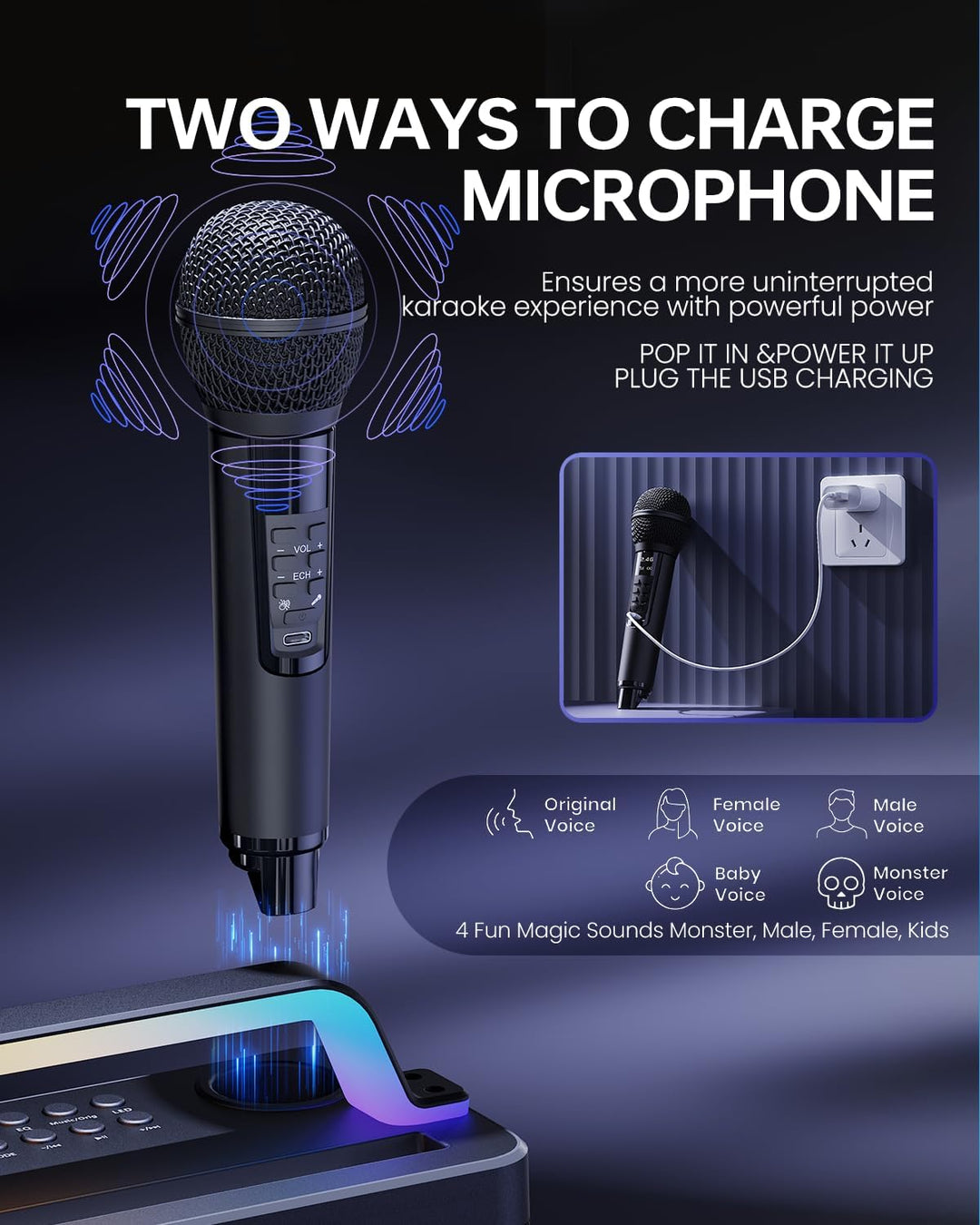 Tragbare Bluetooth-Karaoke-Maschine für Erwachsene und Kinder – 2 Kabellose Mikrofone, Schultergurt,