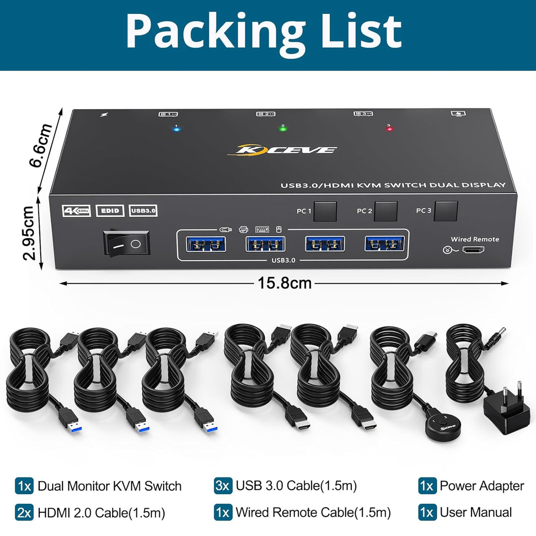 KVM Switch 3 PC 2 Monitore HDMI, EDID Emulator, USB 3.0 HDMI2.0 KVM Switch Dual Monitor 4K@60Hz für