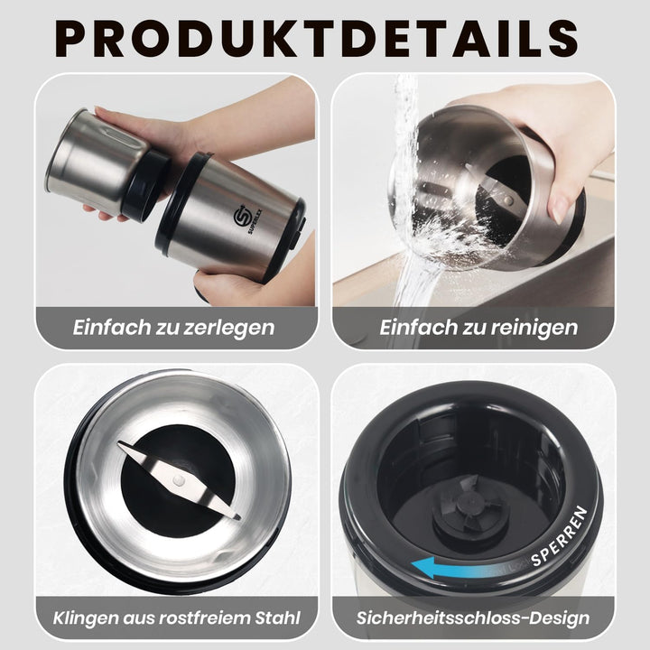 SUPERLEX Kaffeemühle elektrisch mit 100g Füllmenge, 200 Watt Edelstahl Gewürzmühle Abnehmbare Edelst