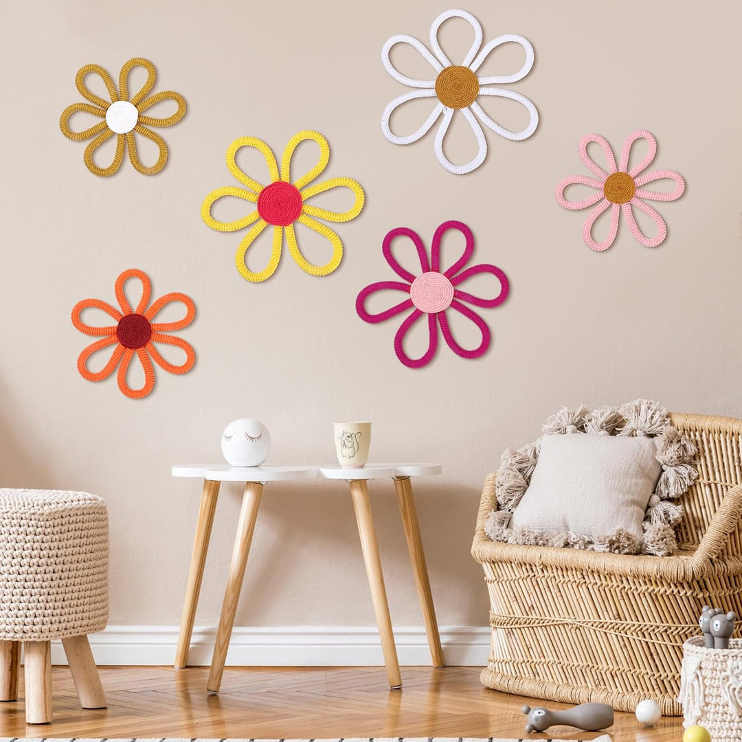 Barydat 6 Stück Boho-Kinderzimmer-Dekoration, Gänseblümchen, gewebter Makramee-Wandbehang, 3 Grössen