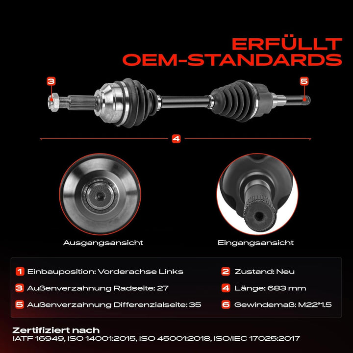Frankberg Antriebswelle Vorne Links Kompatibel mit Mondeo III B5Y 2.0L 2001-2007 Mondeo III Stufenhe