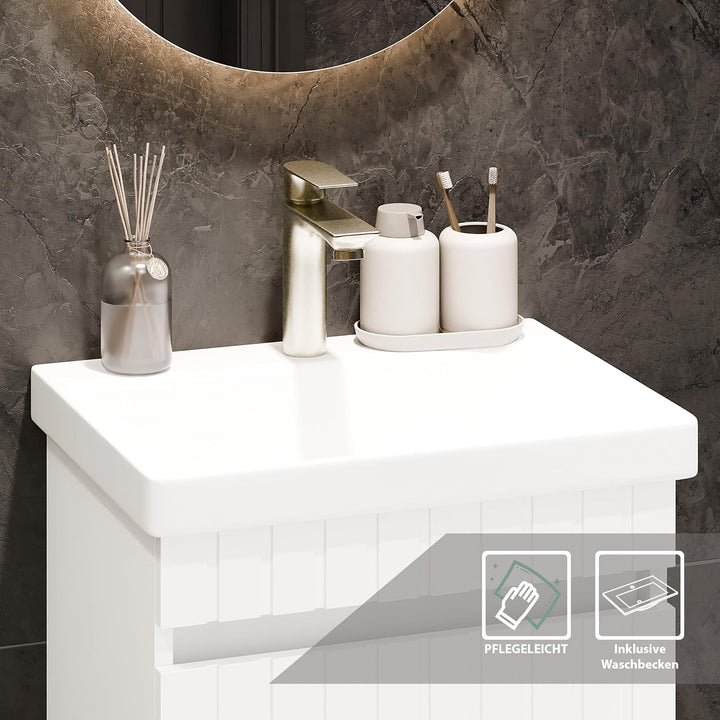 Planetmöbel Cosmia Badmöbel Set Waschbecken mit Unterschrank 50 x 60 x 35 cm Weiss, Armatur Badezimm