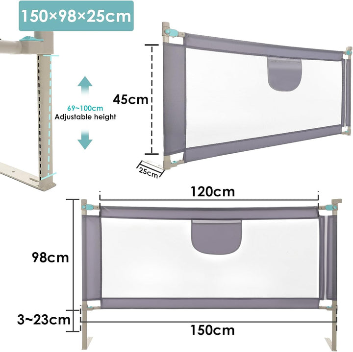 Rausfallschutz – Bettschutzgitter 150 cm Dunkelgrau – Bettgitter höhenverstellbar 69-98 cm – Bettumr