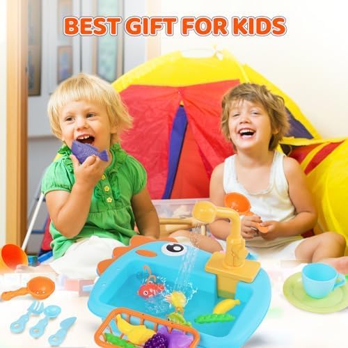 Küchenspüle Spielzeug Set mit Angelspiel, Kinderspüle mit Fliessendem Wasser, Spülbecken Kinderküche