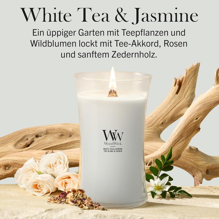 Grosse WoodWick Duftkerze im Sanduhrglas mit knisterndem Docht, White Tea & Jasmine, bis zu 130 Stun
