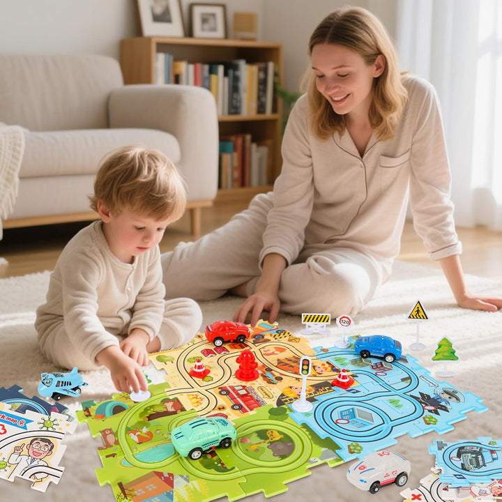 6 Autorennbahn-Sets für Kinder, DIY Rennbahn Puzzle mit 6 Rennauto, Flexible Car Track Spielzeugauto