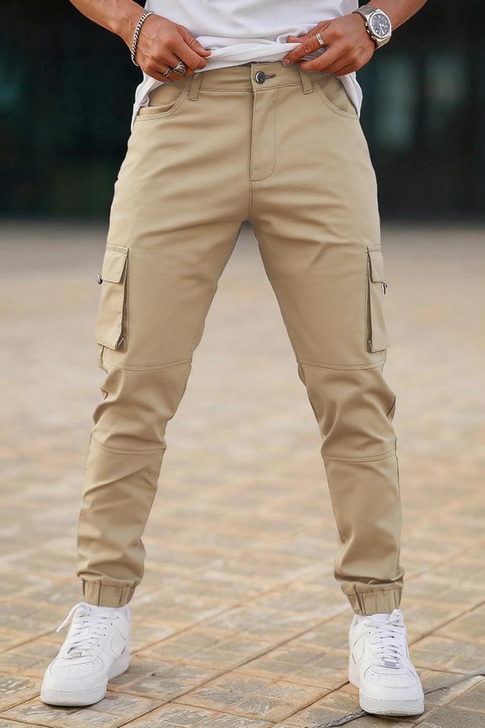 GINGTTO Herren Cargo Hose Stretch Jogginghose für Männer Casual Slim Fit Cargohose Herren Hell Khaki